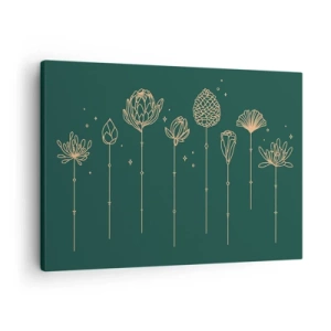 Canvastavla - Bild på duk - Gyllene teckningar av örter på en mörkgrön bakgrund - 70x50cm - Familjen ÖRTsson - Modern väggdekoration för vardagsrum och sovrum ARTTOR