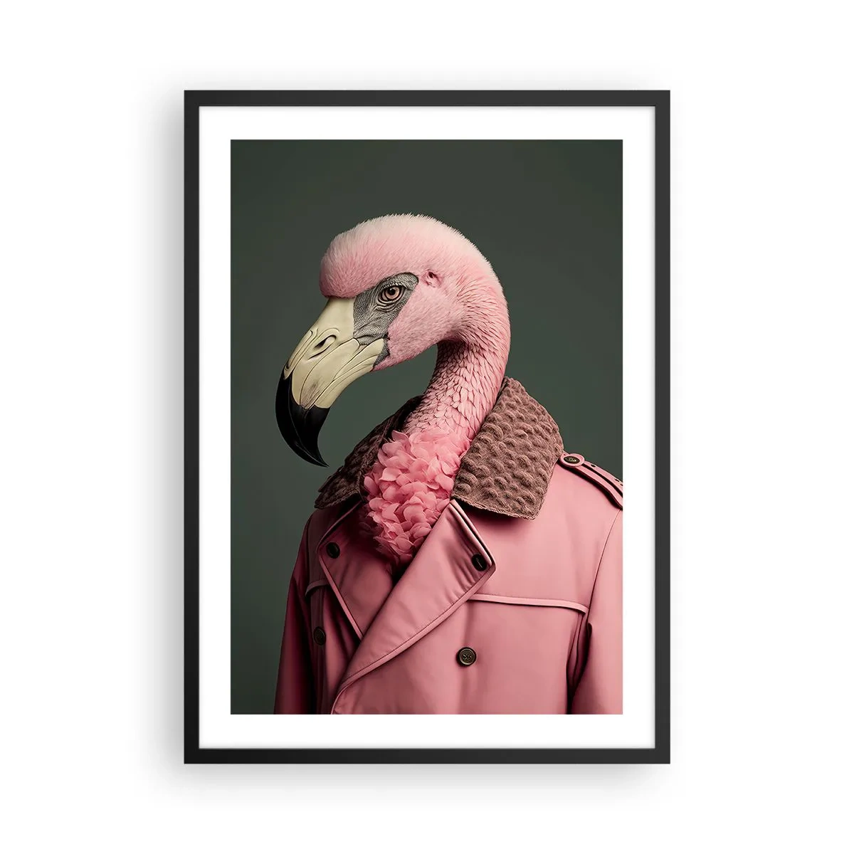 Affisch i svart ram - En snygg flamingo i en elegant kappa - 50x70cm - Riktig elegant - Modern väggdekoration för vardagsrum och sovrum ARTTOR