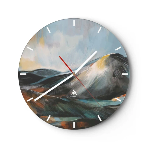 Väggklocka - Klocka på glas - Ett pittoreskt bergslandskap i varma färger - 30x30cm - Råa och vackra - Modern väggdekoration för vardagsrum, kök och sovrum ARTTOR