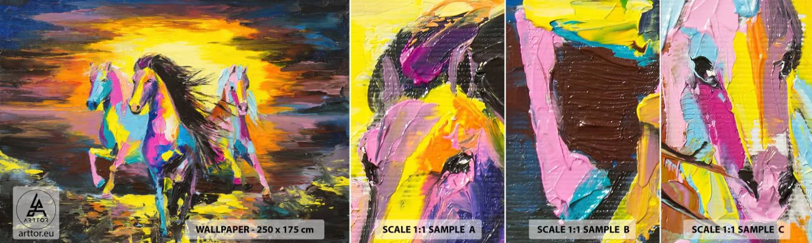 Fototapet Prov Standard Eco - Doppade i regnbågen - Djur, Hästar, Frihet - 100x30 cm