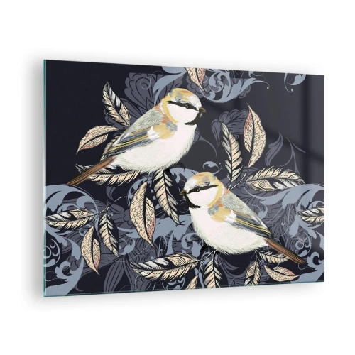 Glastavla - Bild på glas - Illustration av två fåglar på en mörk bakgrund med ornament - 70x50cm - Gul-grå fågelsång - Modern väggdekoration för vardagsrum och sovrum ARTTOR