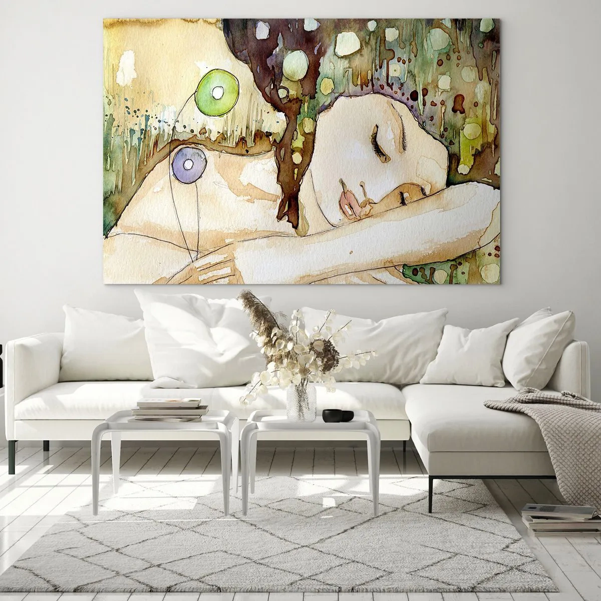 Glastavla - Bild på glas - En sovande kvinna i en konstnärlig akvarellmålning i varma färger. - 70x50cm - Smaragd-viol dröm - Modern väggdekoration för vardagsrum och sovrum ARTTOR