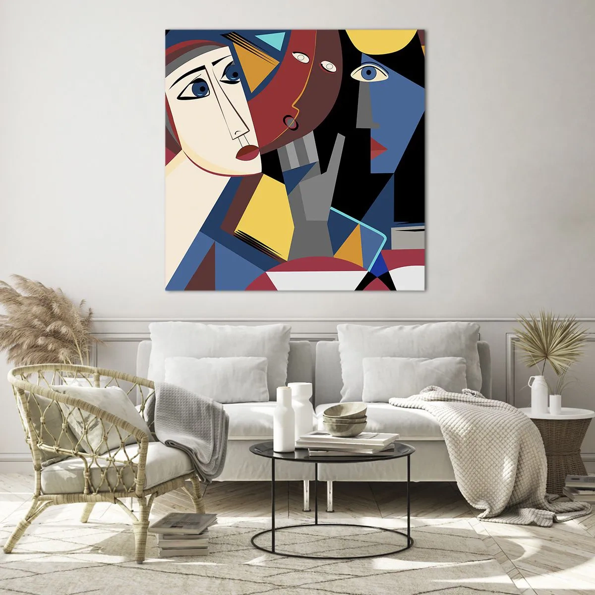 Glastavla - Bild på glas - Kubistiskt samtal - 70x70 cm