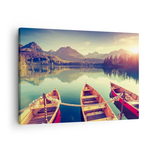 Canvastavla - Bild på duk - Båtar på en lugn sjö omgiven av berg vid solnedgången - 70x50cm - Leva dess rätter - Modern väggdekoration för vardagsrum och sovrum ARTTOR