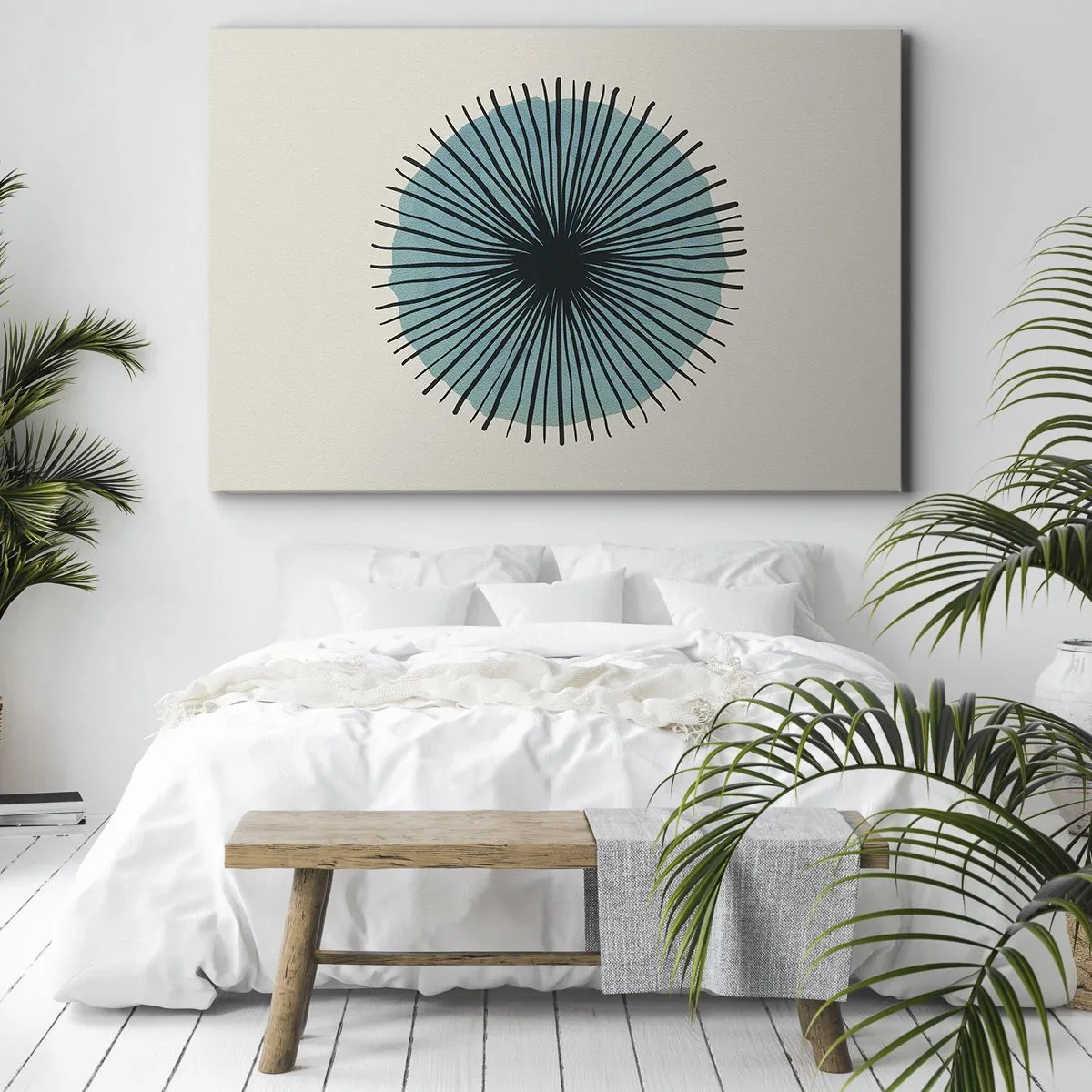 Canvastavla - Bild på duk - Abstrakt cirkulär form med blå strålar - 70x50cm - Radier mot blått - Modern väggdekoration för vardagsrum och sovrum ARTTOR