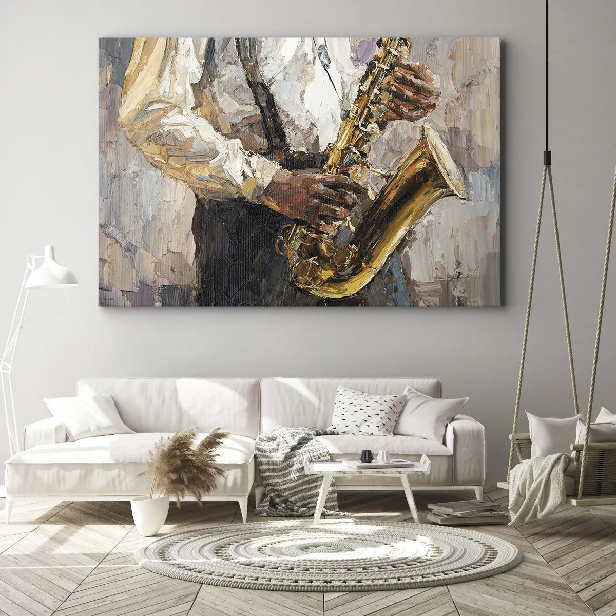 Canvastavla - Bild på duk - En musiker som spelar saxofon i en konstnärlig stil - 70x50cm - Dags för solo - Modern väggdekoration för vardagsrum och sovrum ARTTOR