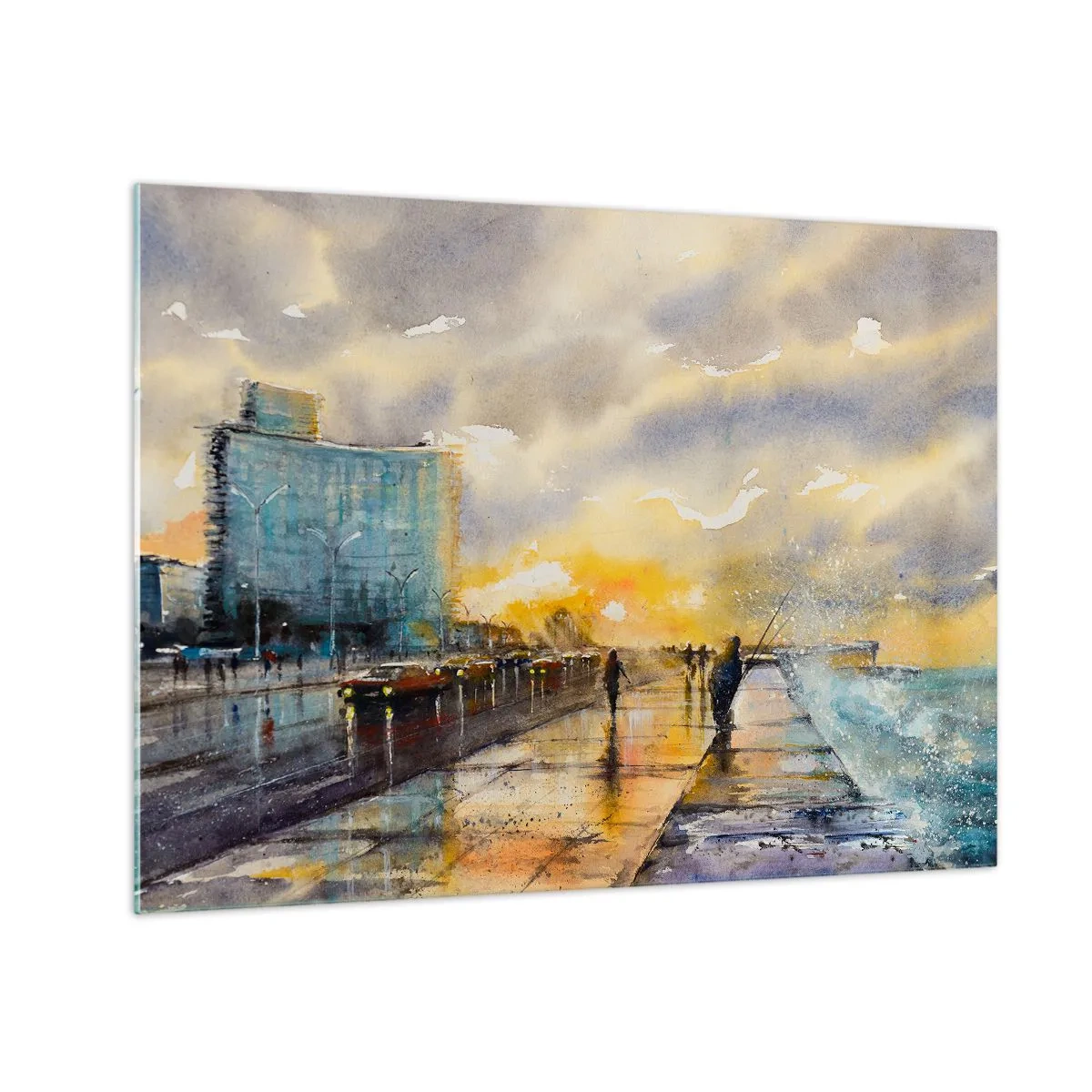 Glastavla - Bild på glas - Akvarell kuststad med solnedgång - 70x50cm - Livet på stranden - Modern väggdekoration för vardagsrum och sovrum ARTTOR