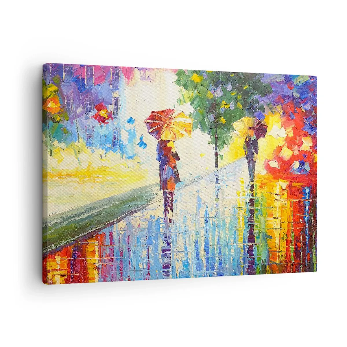 Canvastavla - Bild på duk - En promenad med ett paraply i ett färgstarkt regnigt landskap - 70x50cm - Allt klart - Modern väggdekoration för vardagsrum och sovrum ARTTOR