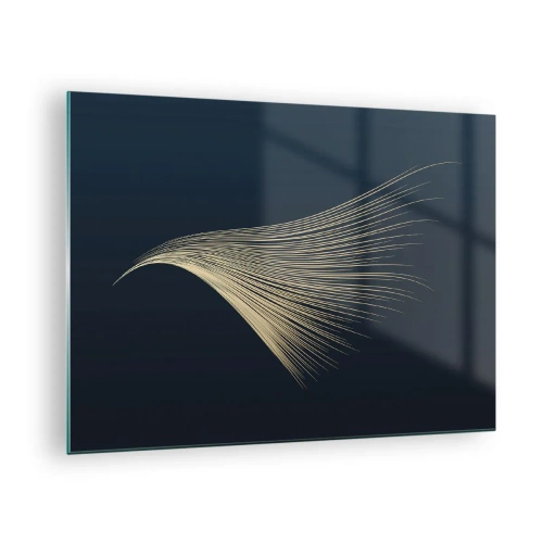 Glastavla - Bild på glas - En gyllene linje som liknar en vinge på en marinblå bakgrund - 70x50cm - Som en ängels hårstrå - Modern väggdekoration för vardagsrum och sovrum ARTTOR