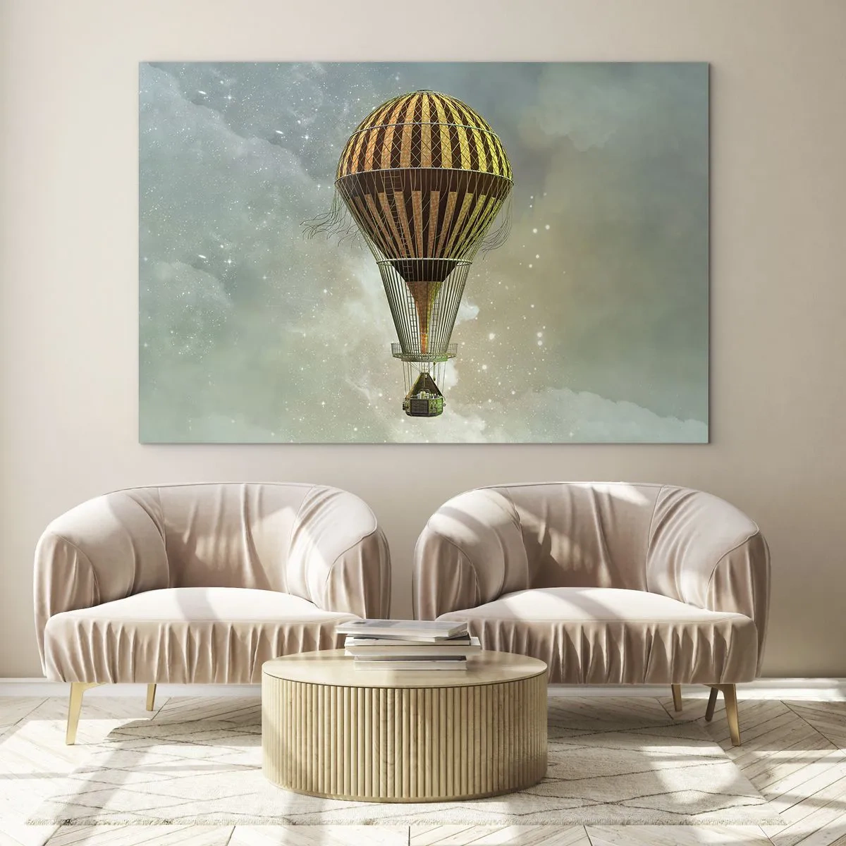Glastavla - Bild på glas - En stiliserad ballong mot bakgrund av en stjärnklar himmel och moln. - 70x50cm - Banbrytande flygningar - Modern väggdekoration för vardagsrum och sovrum ARTTOR