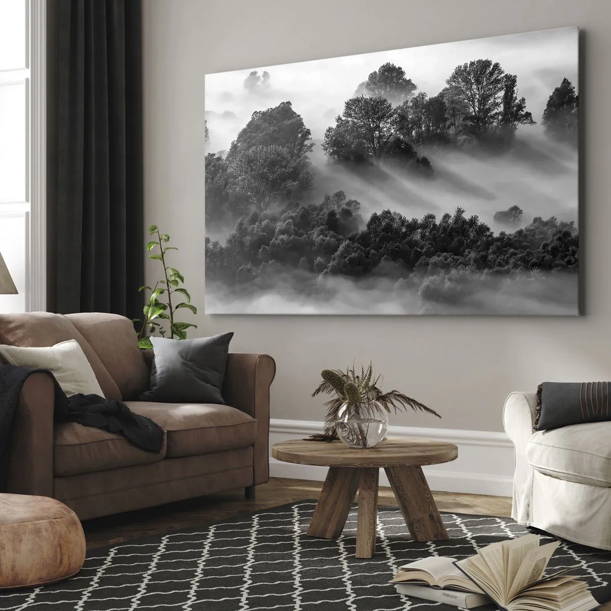 Canvastavla - Bild på duk - Svartvitt skogslandskap i morgondimman - 70x50cm - Stiger ur sömnen - Modern väggdekoration för vardagsrum och sovrum ARTTOR