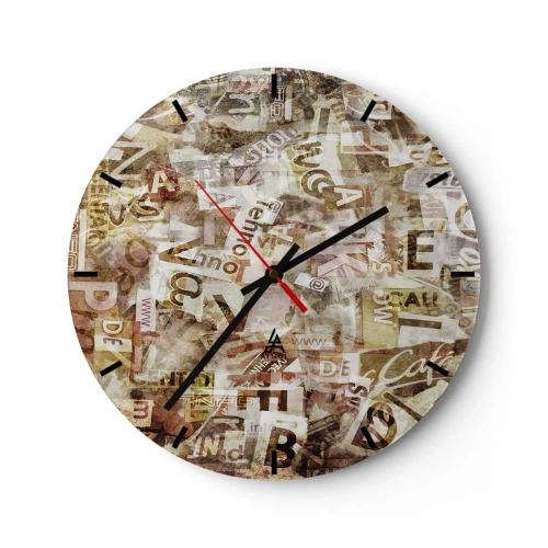 Väggklocka - Klocka på glas - Snacket reduceras till enstaka bokstäver - 40x40 cm