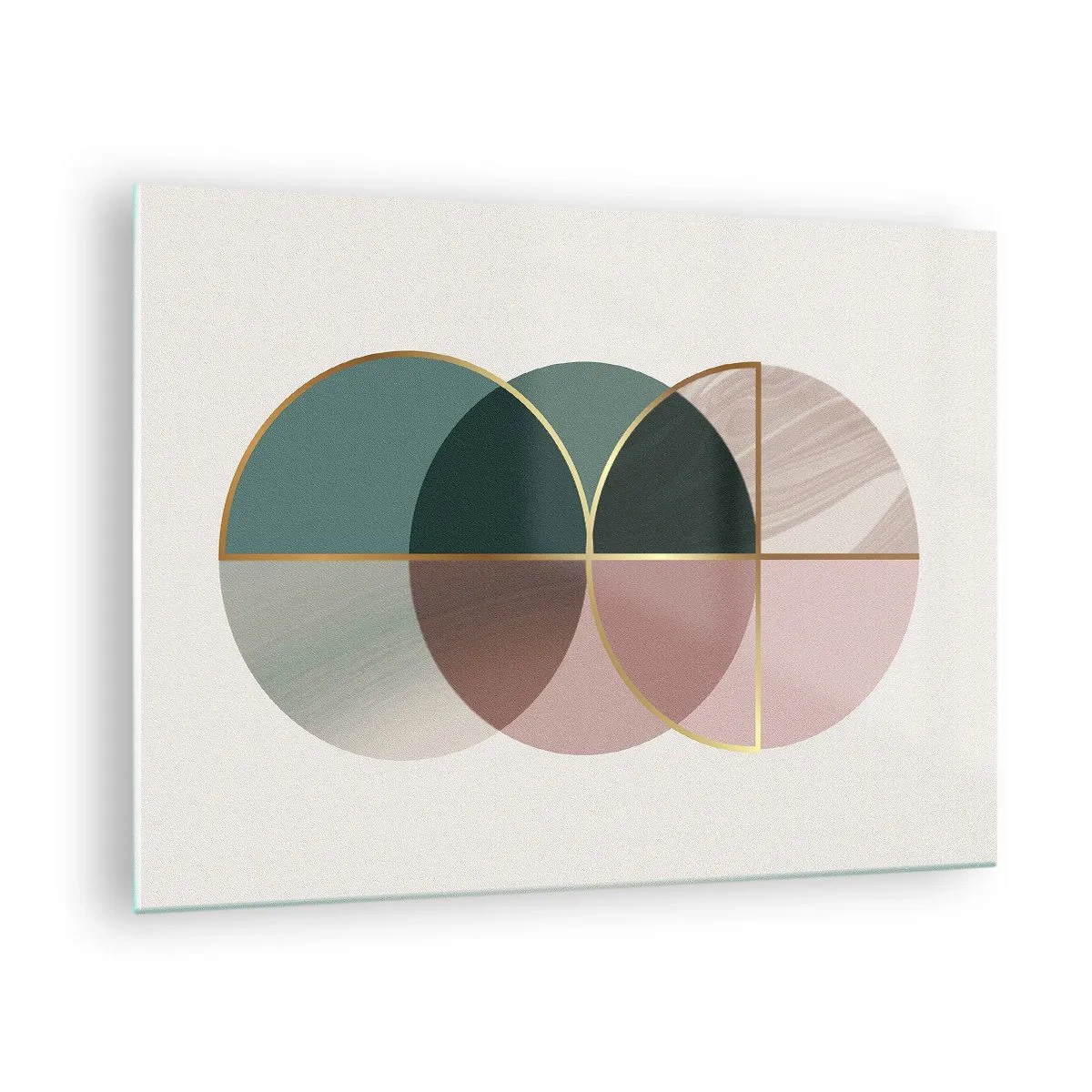 Glastavla - Bild på glas - Geometriska former med nyanser av grönt och rosa mot en ljus bakgrund - 70x50cm - Hjul efter hjul... - Modern väggdekoration för vardagsrum och sovrum ARTTOR