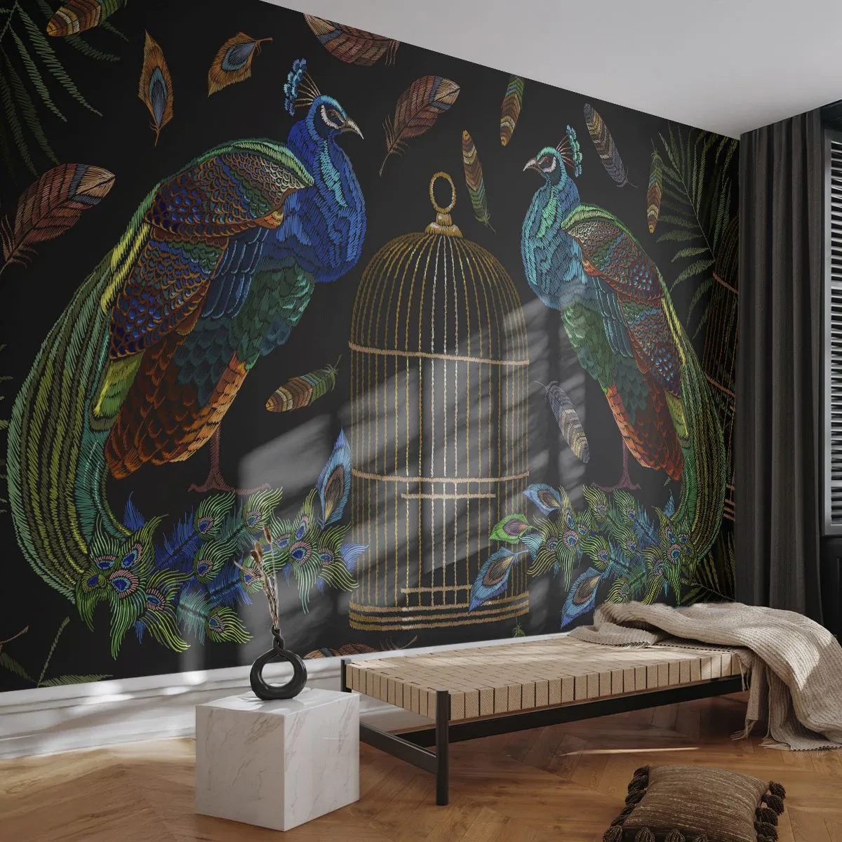 Fototapet Standard Eco - Två påfåglar bredvid en gyllene bur på svart bakgrund - 100x70cm - I kungliga kläder - Modern väggdekoration för vardagsrum och sovrum ARTTOR