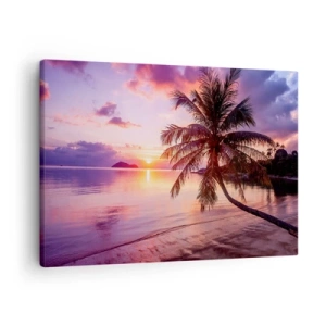 Canvastavla - Bild på duk - Tropisk strand med palmträd vid solnedgången - 70x50cm - Lugnt enda fram till horisonten - Modern väggdekoration för vardagsrum och sovrum ARTTOR