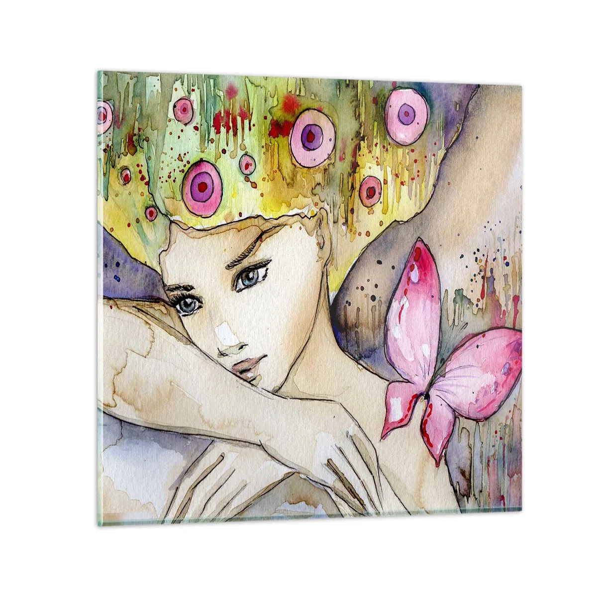 Glastavla - Bild på glas - fjärilprincessa - 70x70 cm
