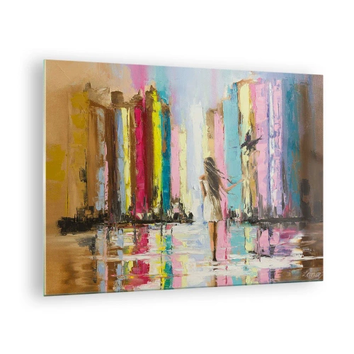 Glastavla - Bild på glas - En kvinna med en fågel i bakgrunden av färgglada byggnader - 70x50cm - Kom med mig - Modern väggdekoration för vardagsrum och sovrum ARTTOR