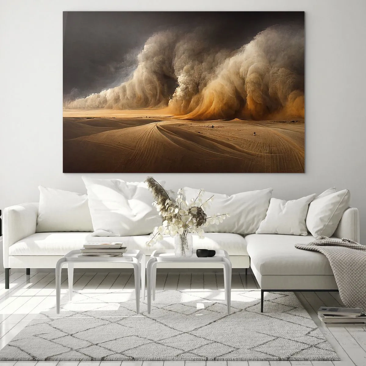 Glastavla - Bild på glas - En sandstorm över öknen i dramatiskt ljus - 70x50cm - Öknens vrede - Modern väggdekoration för vardagsrum och sovrum ARTTOR