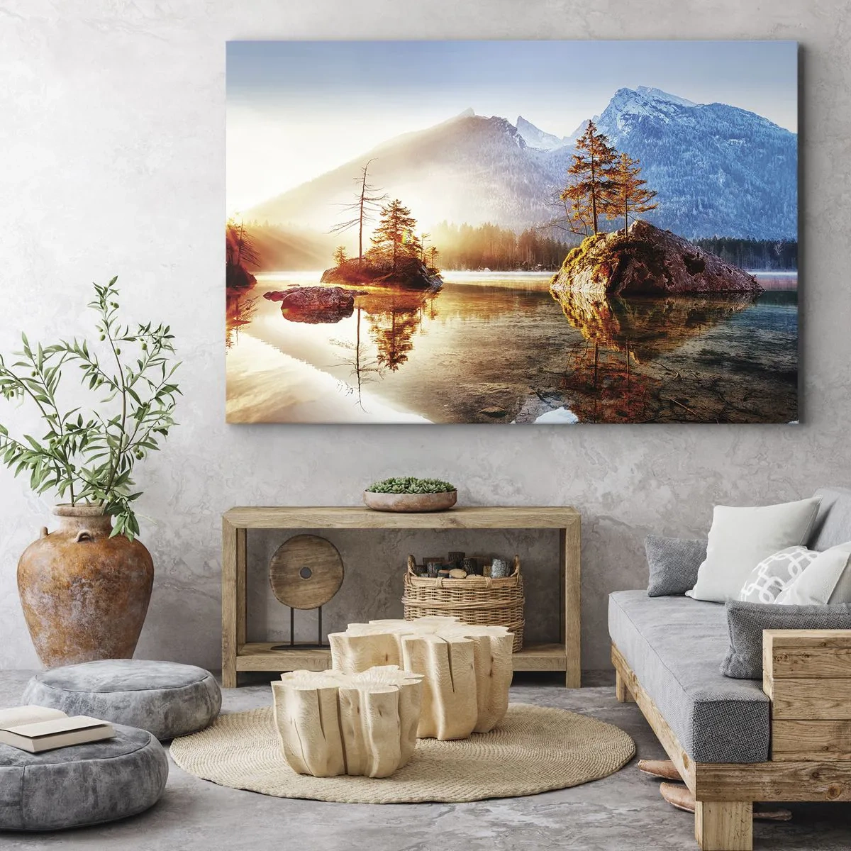 Canvastavla - Bild på duk - En sjö med öar och berg i bakgrunden vid soluppgången - 70x50cm - Naturen i ett nytt ljus - Modern väggdekoration för vardagsrum och sovrum ARTTOR