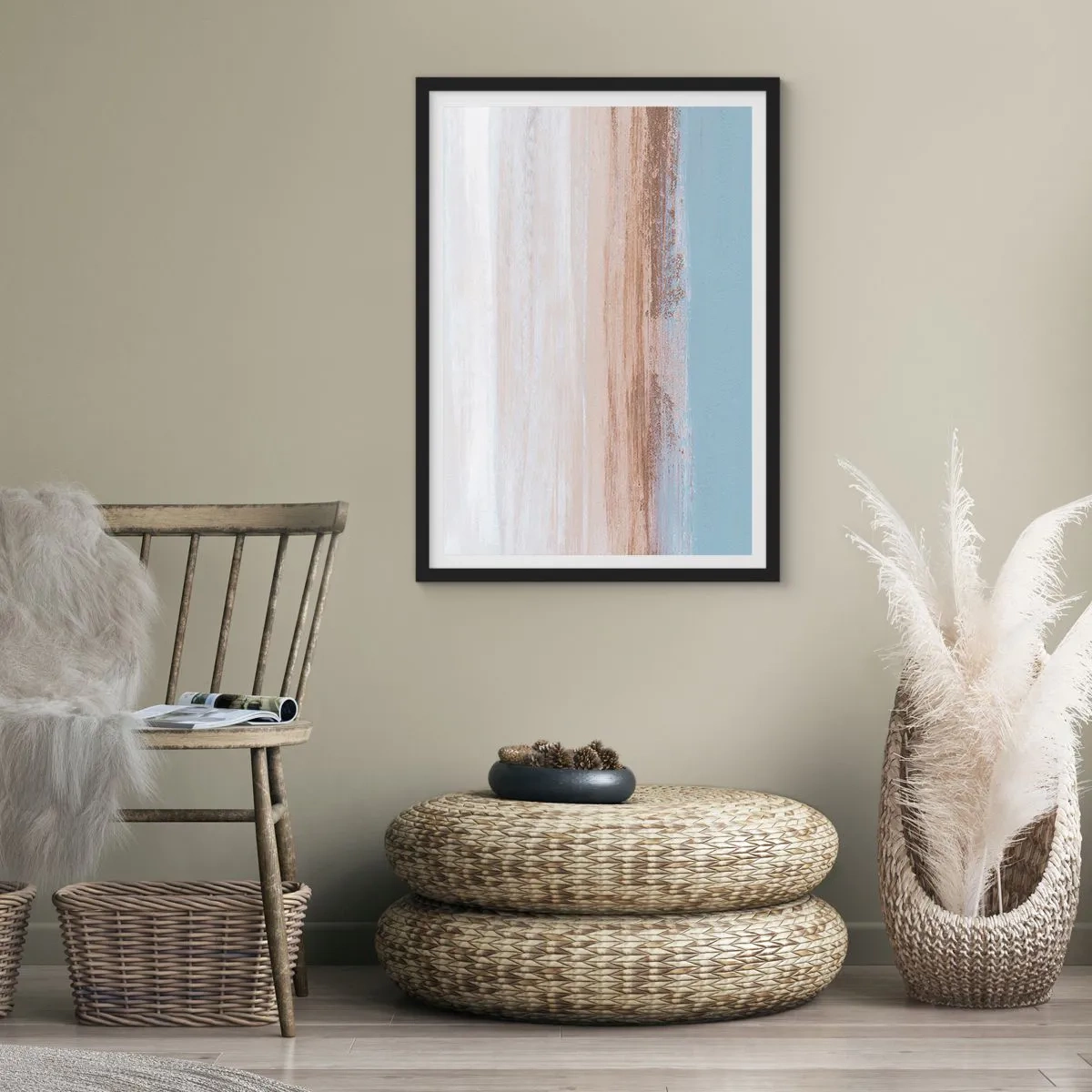 Affisch i svart ram - Minimalistisk abstraktion i strandens och havets färger - 50x70cm - Tvetydigt landskap - Modern väggdekoration för vardagsrum och sovrum ARTTOR
