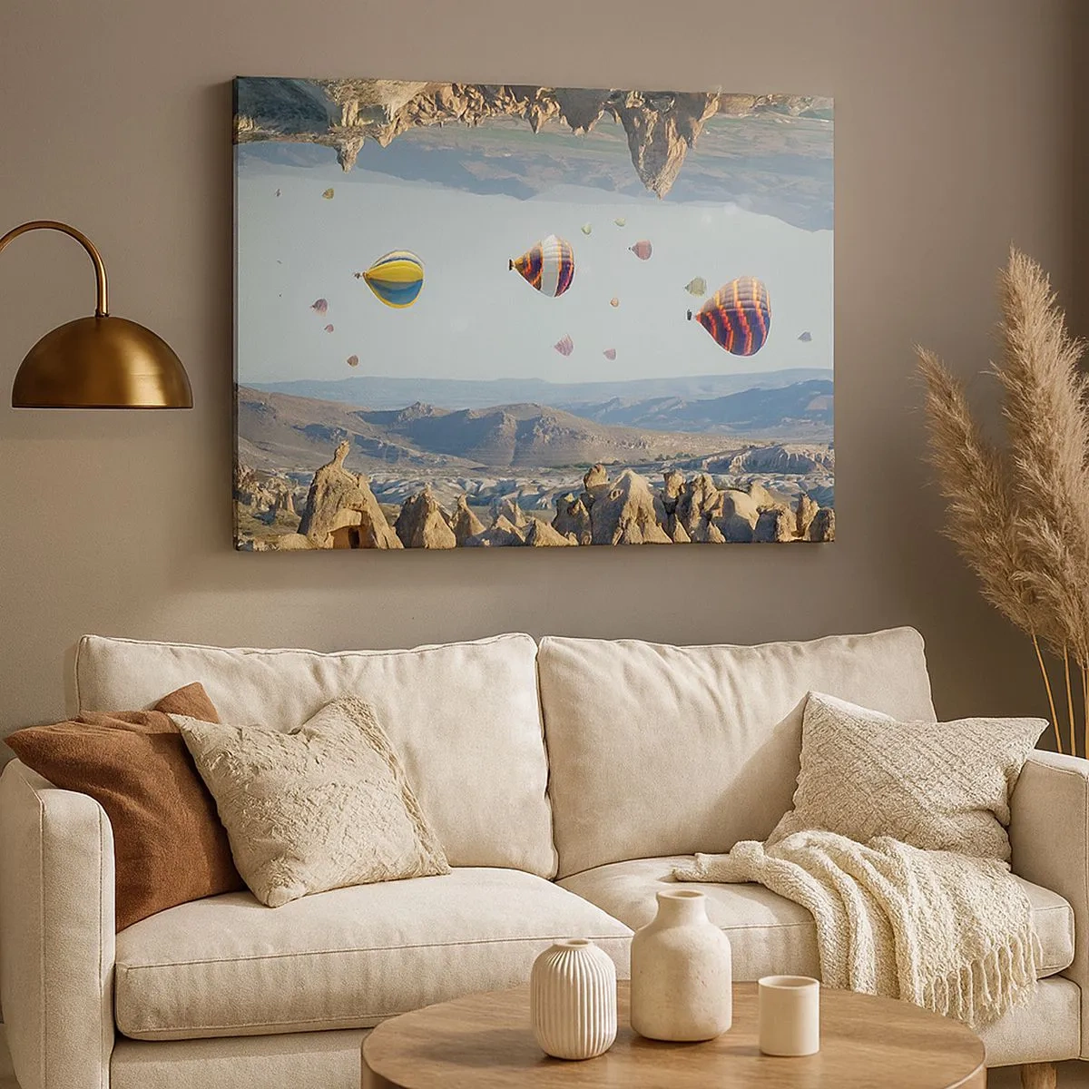 Canvastavla - Bild på duk - Färgglada ballonger över ett stenigt landskap - 70x50cm - Här är allt möjligt - Modern väggdekoration för vardagsrum och sovrum ARTTOR