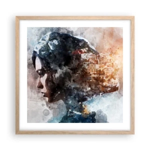 Affisch i ram av ljusek - Berättelse om en tjej med en stad i bakgrunden - 50x50 cm