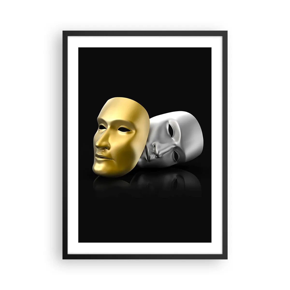 Affisch i svart ram - Guld- och silvermask på svart bakgrund - 50x70cm - Livet är teater - Modern väggdekoration för vardagsrum och sovrum ARTTOR