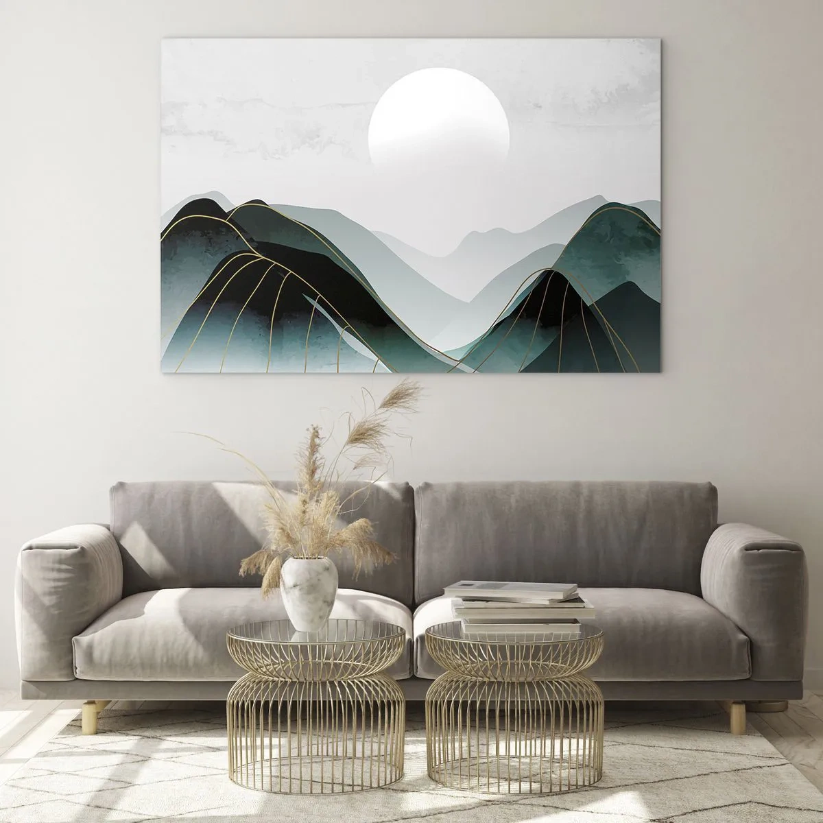 Glastavla - Bild på glas - Berglandskap med en vit sol och gyllene linjer - 70x50cm - I fullt majestät - Modern väggdekoration för vardagsrum och sovrum ARTTOR