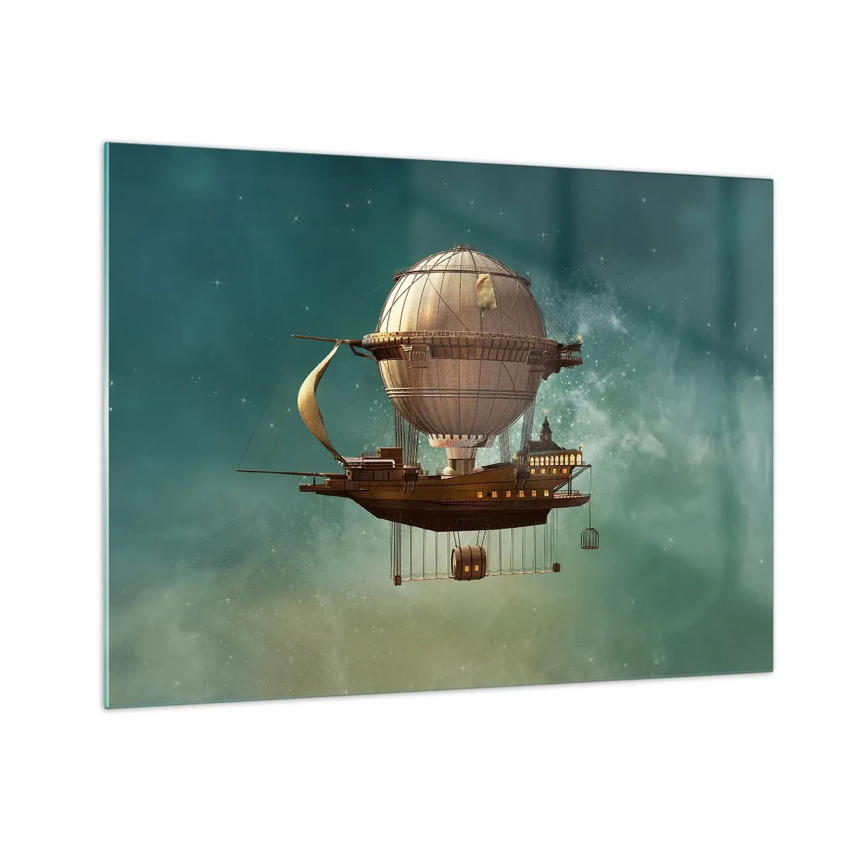 Glastavla - Bild på glas - Ett flygande luftskepp med ett hus i retrostil på himlen - 70x50cm - Jules Verne hälsar - Modern väggdekoration för vardagsrum och sovrum ARTTOR