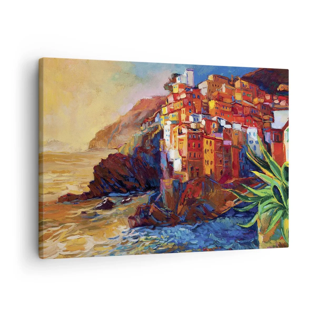 Canvastavla - Bild på duk - Färgglada hus på en klippa ovanför havet - 70x50cm - Italiensk stämning - Modern väggdekoration för vardagsrum och sovrum ARTTOR