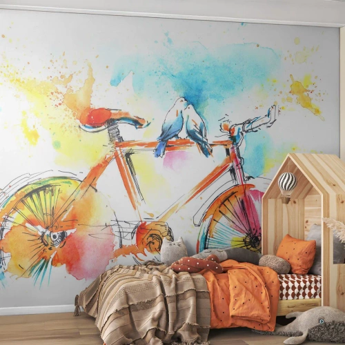 Självhäftande Fototapet Deluxe Sticker - Två på cykel - Abstraktion, Cykel, Fåglar - 200x140 cm