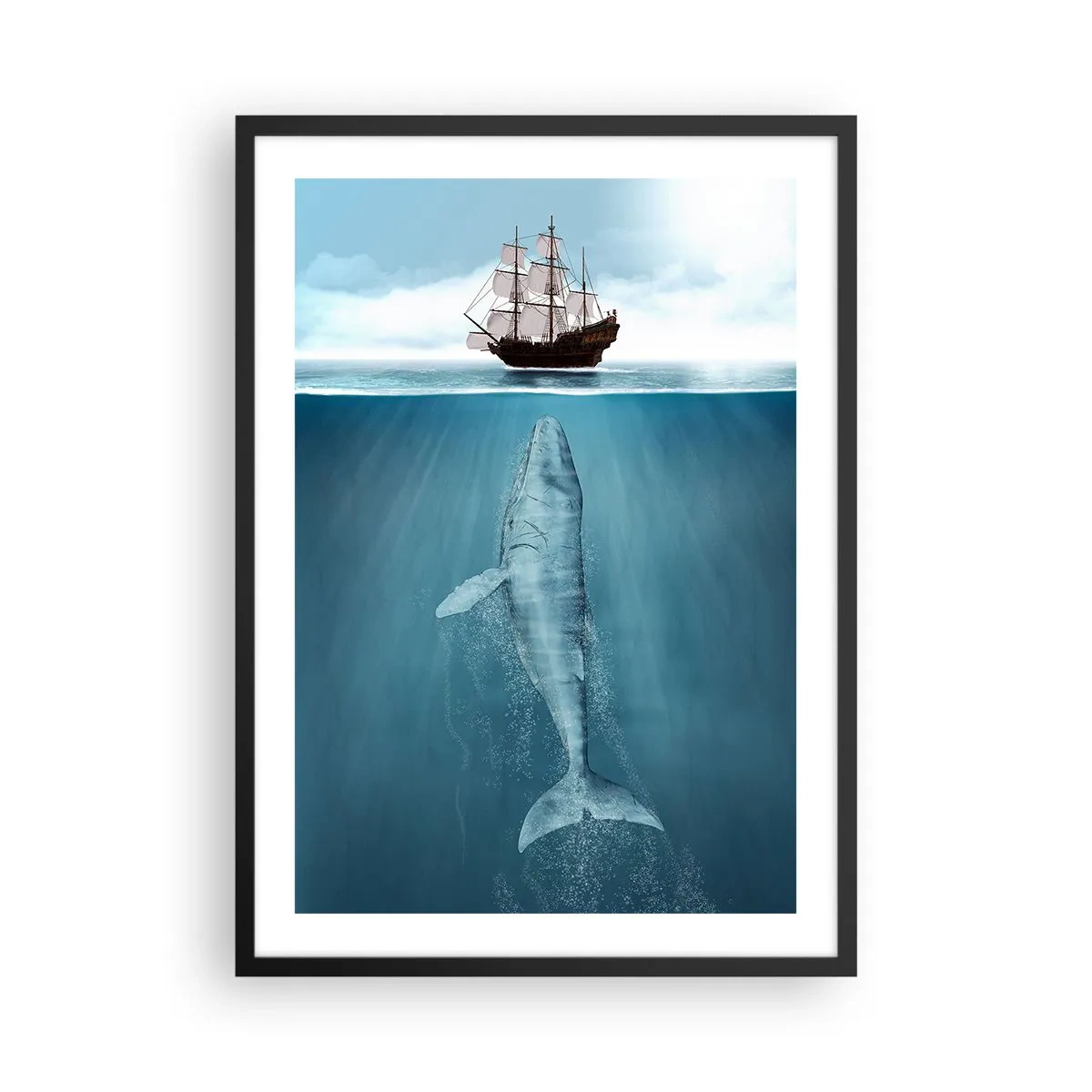 Affisch i svart ram - Ett skepp på vattenytan med en val under, i en surrealistisk bild - 50x70cm - Bättre att inte veta - Modern väggdekoration för vardagsrum och sovrum ARTTOR