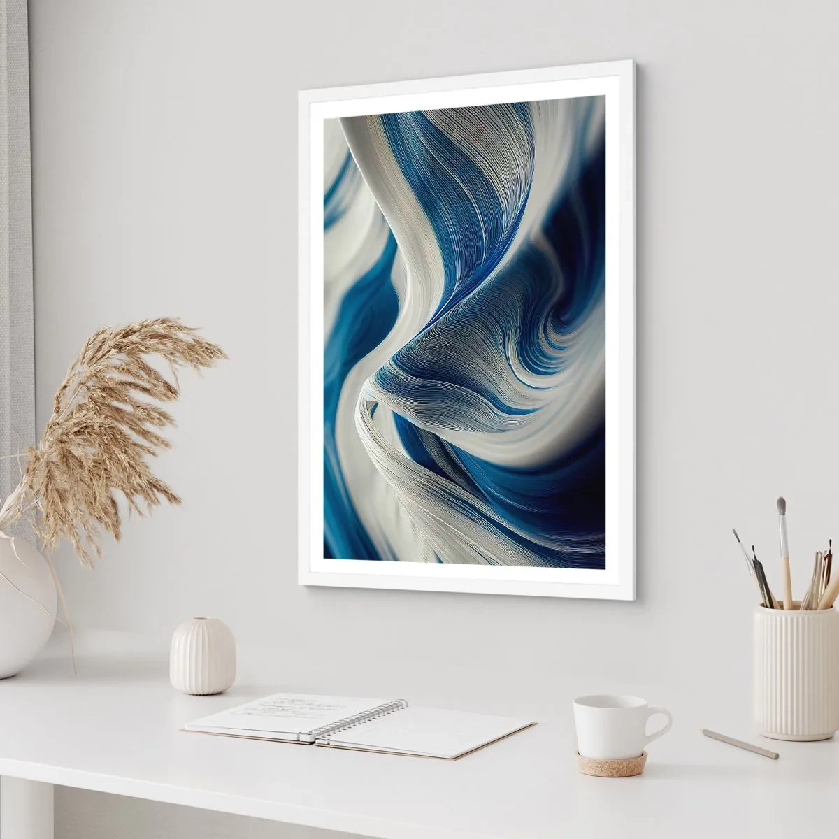 Affisch i vit ram - Flöde av blått och vitt - 50x70 cm
