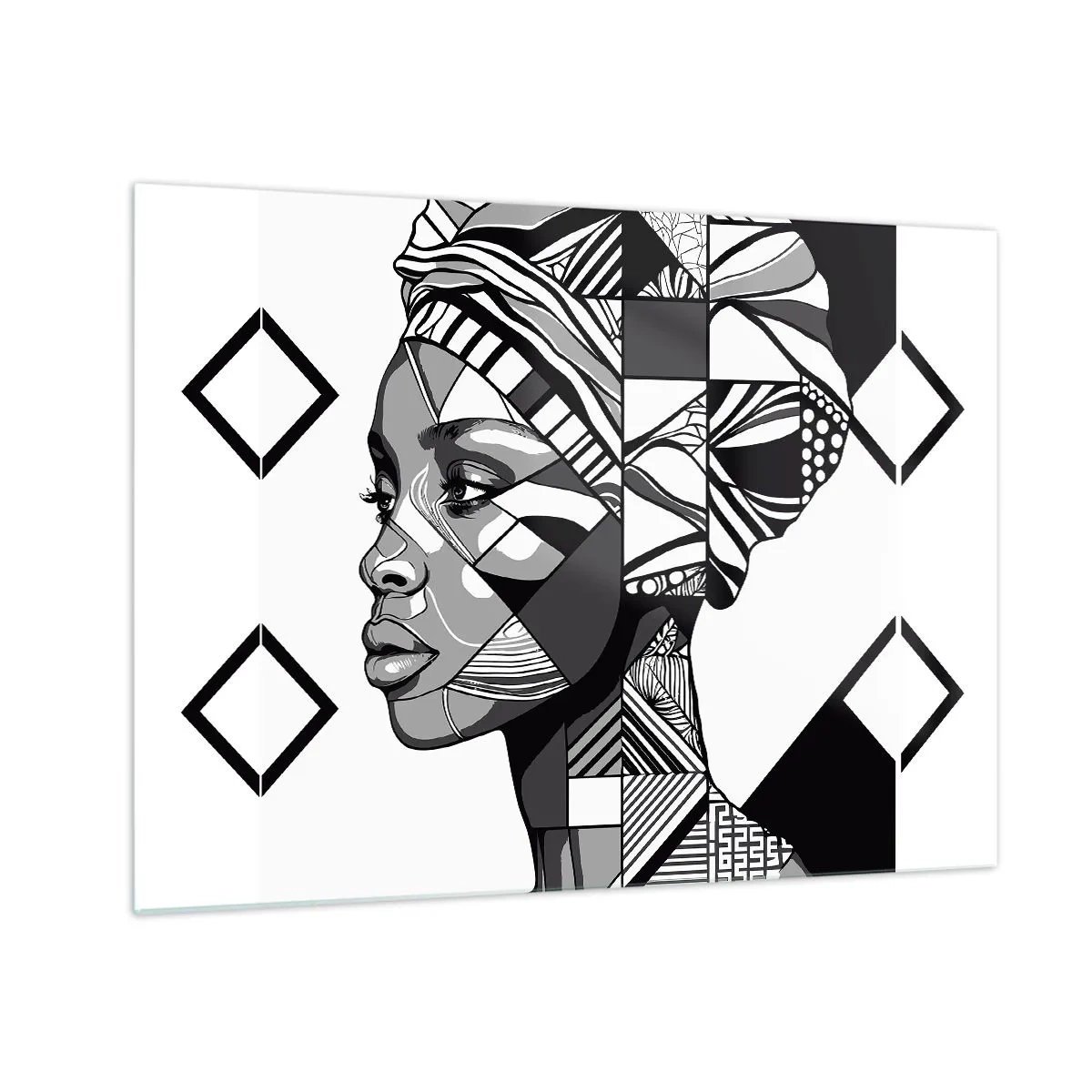 Glastavla - Bild på glas - Svartvitt etniskt porträtt av en kvinna med geometriska mönster - 70x50cm - Etniskt porträtt - Modern väggdekoration för vardagsrum och sovrum ARTTOR