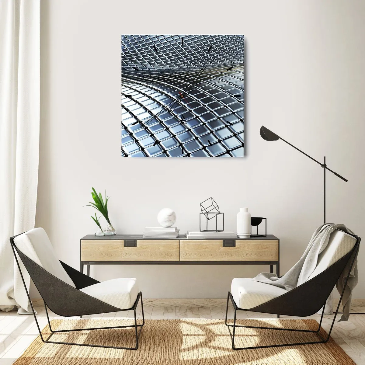 Väggklocka - Klocka på glas - Metallisk silver våg - 40x40 cm