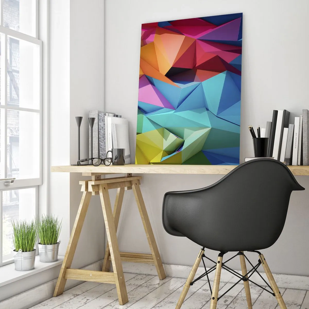 Glastavla - Bild på glas - Regnbågsorigami - 50x70 cm