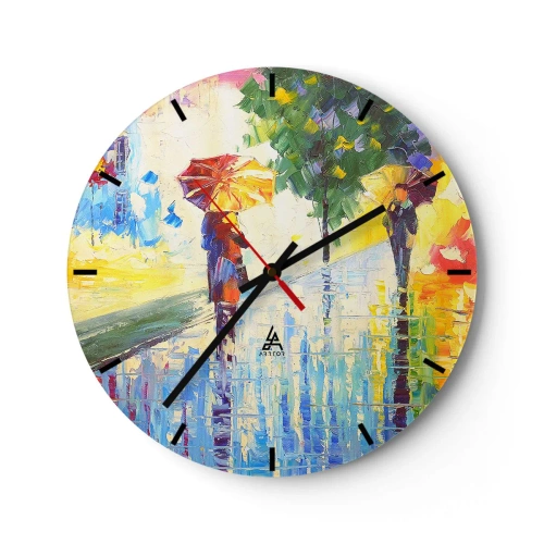Väggklocka - Klocka på glas - Karaktärer med paraplyer som går på en regnig dag - 30x30cm - Allt klart - Modern väggdekoration för vardagsrum, kök och sovrum ARTTOR