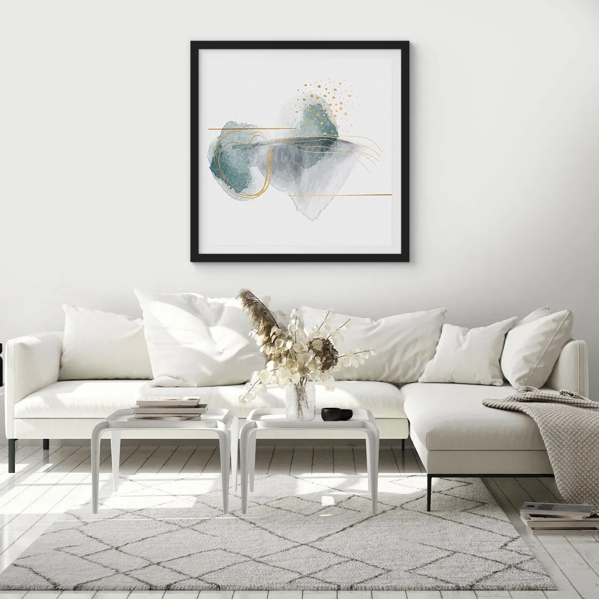 Affisch i svart ram - Om gråhetens och guldets förhållanden - 60x60 cm