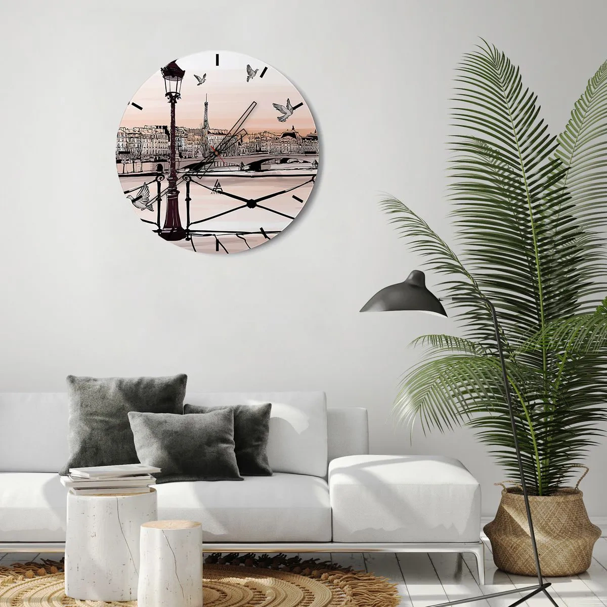 Väggklocka - Klocka på glas - En lykta, duvor och panorama över Paris vid solnedgången - 30x30cm - Över Paris tak - Modern väggdekoration för vardagsrum, kök och sovrum ARTTOR