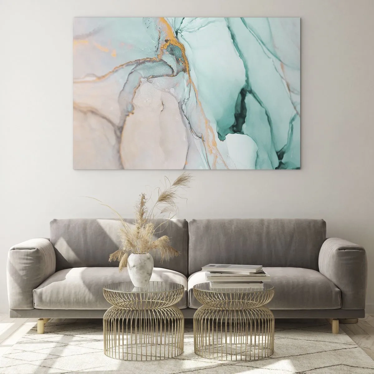 Glastavla - Bild på glas - En abstrakt komposition i nyanser av turkos och guld. - 70x50cm - Formernas och färgernas dans - Modern väggdekoration för vardagsrum och sovrum ARTTOR