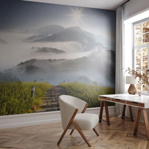 Fototapet Standard Eco - Stentrappor som leder till bergen höljda i dimma - 100x70cm - Upp mot molnen - Modern väggdekoration för vardagsrum och sovrum ARTTOR