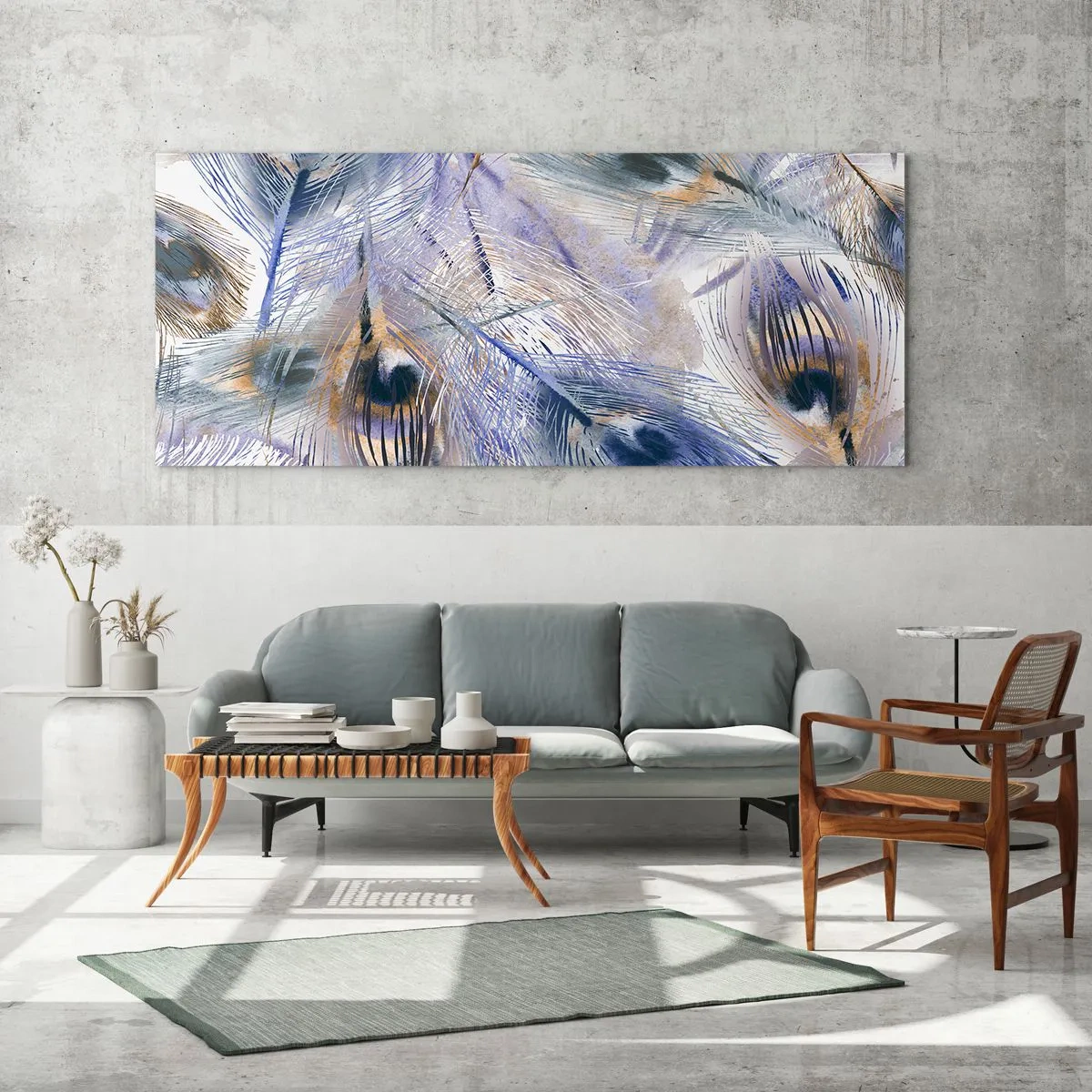Glastavla - Bild på glas - Komposition med påfågelsfjädrar - 120x50 cm