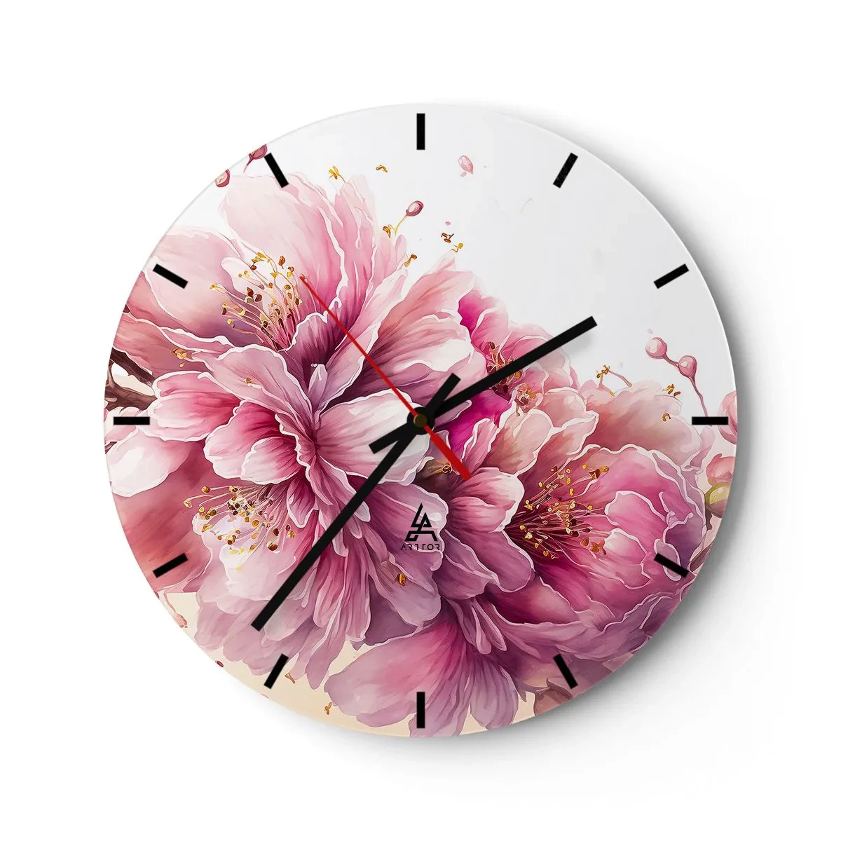Väggklocka - Klocka på glas - Blommande körsbärsblomma - 40x40 cm