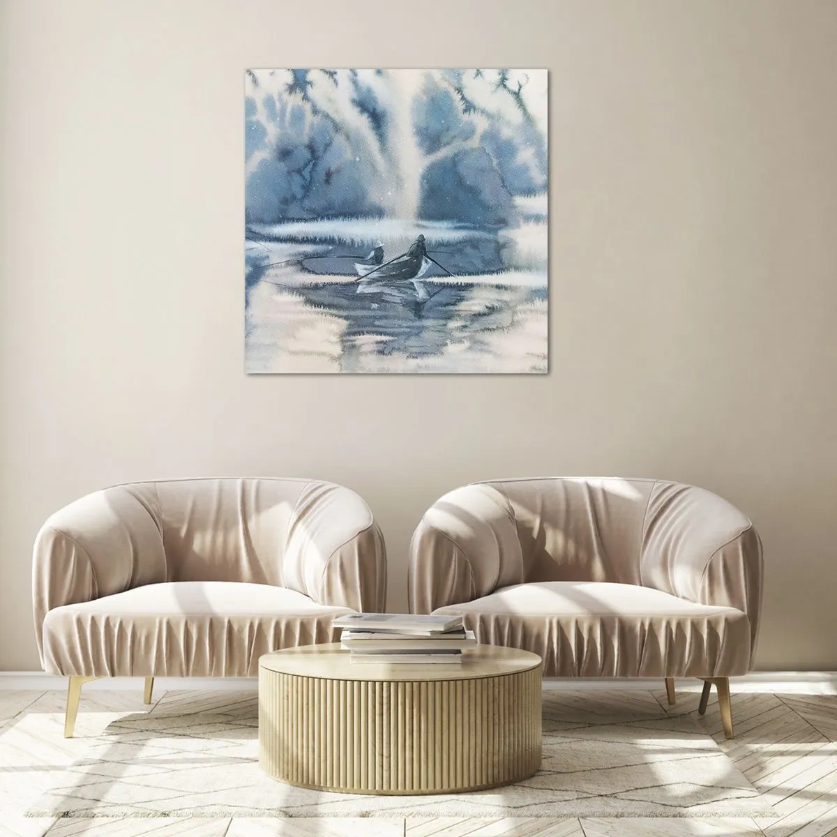Glastavla - Bild på glas - Sportfiskare i sitt paradis - 70x70 cm