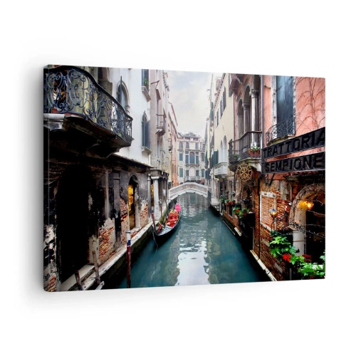 Canvastavla - Bild på duk - En kanal i Venedig med en gondol och historiska byggnader - 70x50cm - Venedig-landskap med gondol och bro - Modern väggdekoration för vardagsrum och sovrum ARTTOR