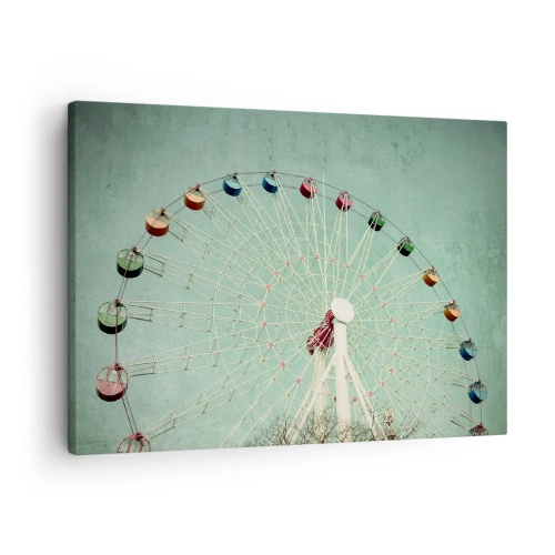 Canvastavla - Bild på duk - Ett färgglatt pariserhjul mot en blå himmel i retrostil - 70x50cm - Välkommen att ha kul - Modern väggdekoration för vardagsrum och sovrum ARTTOR