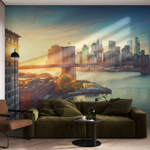 Fototapet Premium Sand - Storstadsgryning - New York, Stad, Brooklyn Bridge - 100x70 cm