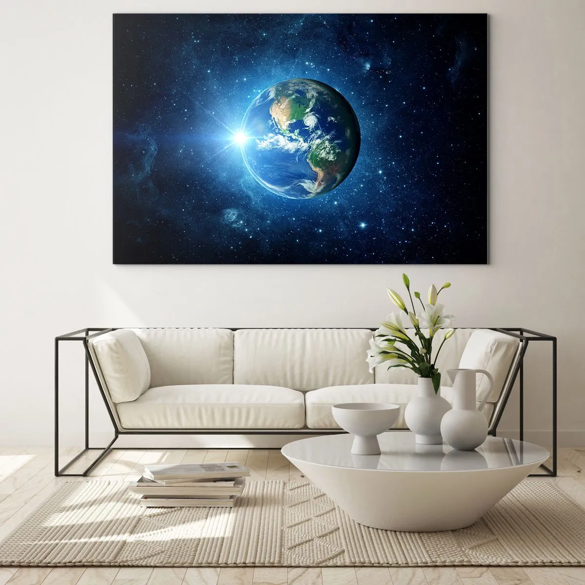 Glastavla - Bild på glas - Jorden sedd från rymden med ljusstrålar - 70x50cm - Vi är i himlen - Modern väggdekoration för vardagsrum och sovrum ARTTOR