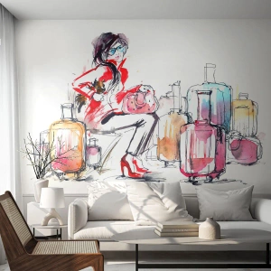 Självhäftande Fototapet Deluxe Sticker - Låt oss sätta oss inför resan - Kvinna, Resa, Resväska - 350x256 cm