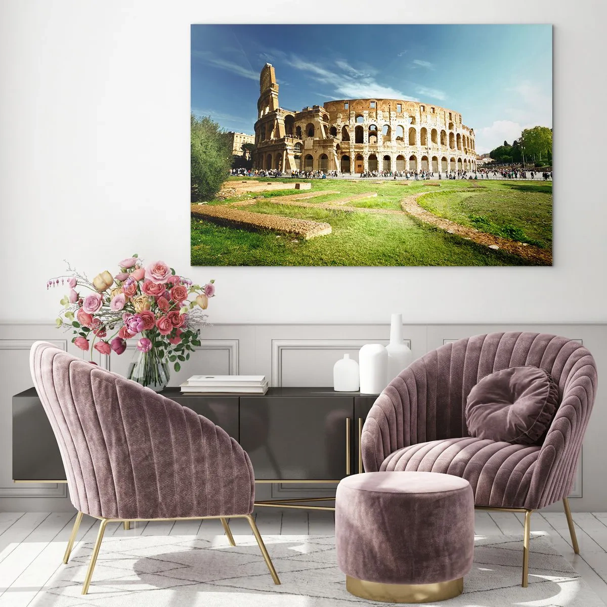 Glastavla - Bild på glas - Colosseum i Rom upplyst av solen - 70x50cm - Vapnets klang hörs fortfarande - Modern väggdekoration för vardagsrum och sovrum ARTTOR